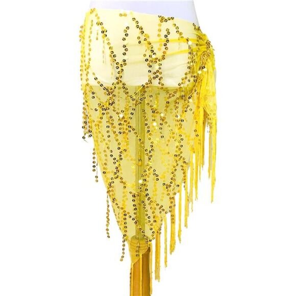 Yellow Sheer Sequin Belly Dance Hip Scarf – Sparkling Wrap Skirt with Fringe - Picture 2 of 4